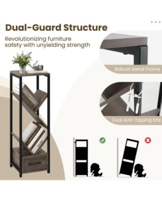 4 Tier Floor Tree Bookshelf with Drawer and Metal Frame