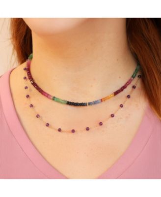 Rainbow Gemstone Bead Necklace 14K Yellow Gold