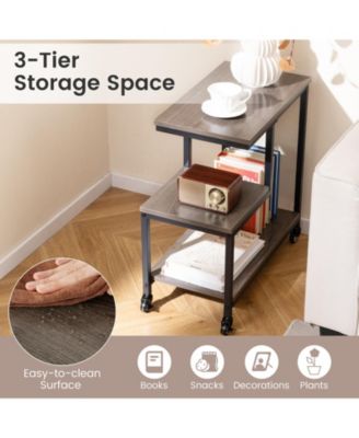 G Shaped Three Tier Mobile End Table with Open Shelves