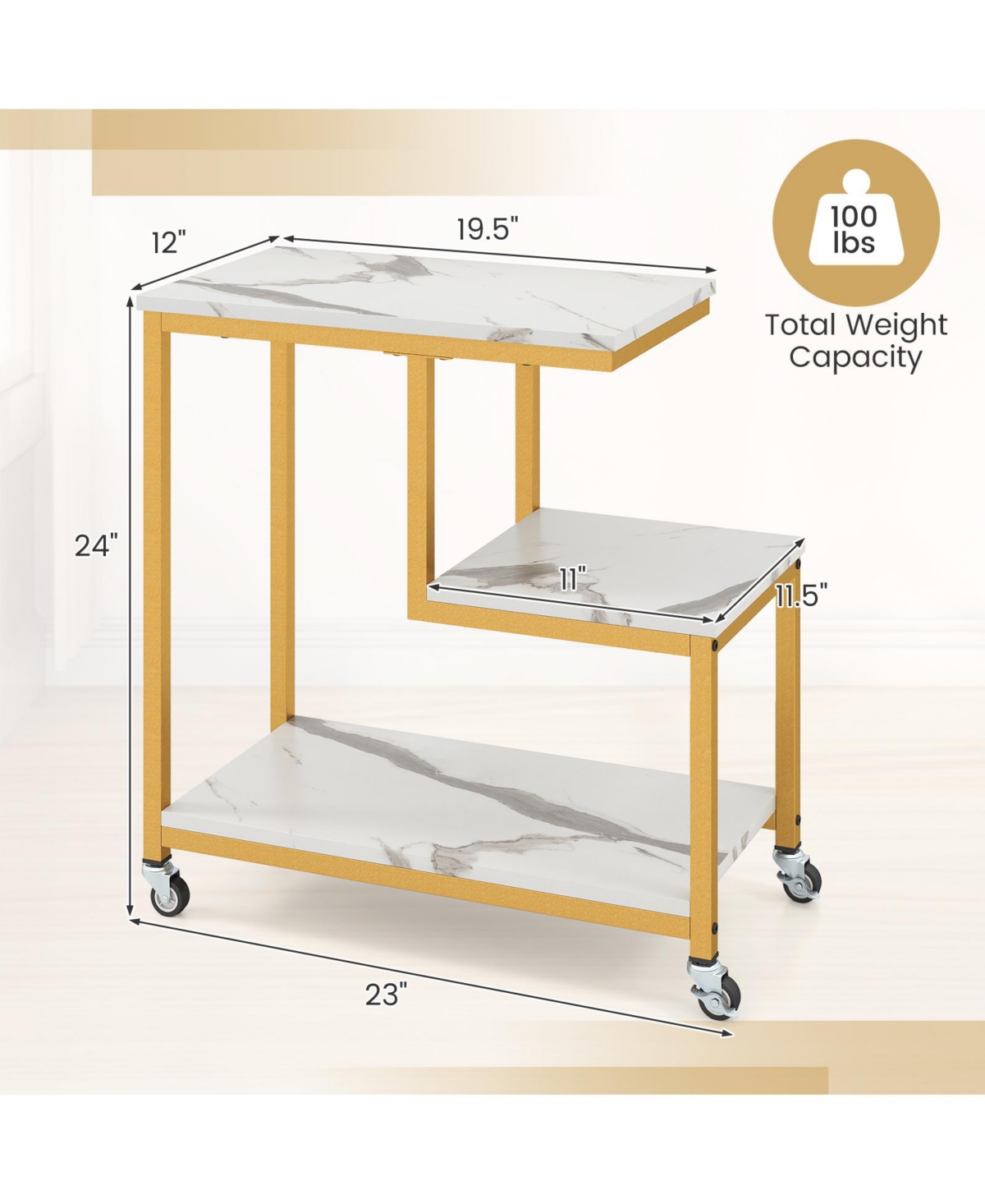 Sugift G Shaped Three Tier Mobile End Table with Open Shelves
