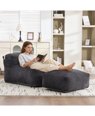 Corduroy Bean Bag Chair with Ottoman - Big Beanbag Chair with Side Pockets and Memory Foam Filler, Lazy Floor Lounge Bed for Living Room