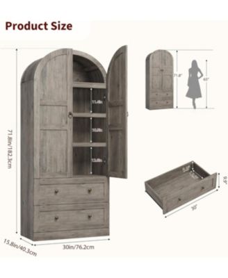 72" Tall Arched Kitchen Pantry Cabinet  Farmhouse Wooden Storage Cabinet with 2 Drawers & Wood Doors Freestanding Buffet Sideboard