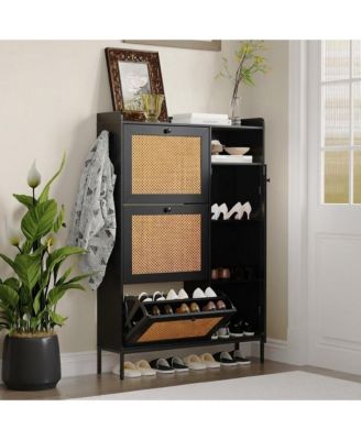 Rattan Shoe Cabinet Storage Flip Drawers Top Hooks Doors Adjustable Shelves Tall Thin Closet Organizer