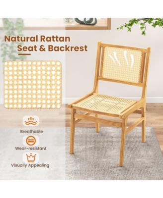 Rattan Dining Chair with Cane Backrest and Wood Frame