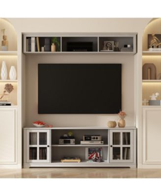 TV stand with top cabinets, entertainment center with tempered glass doors, wooden media console