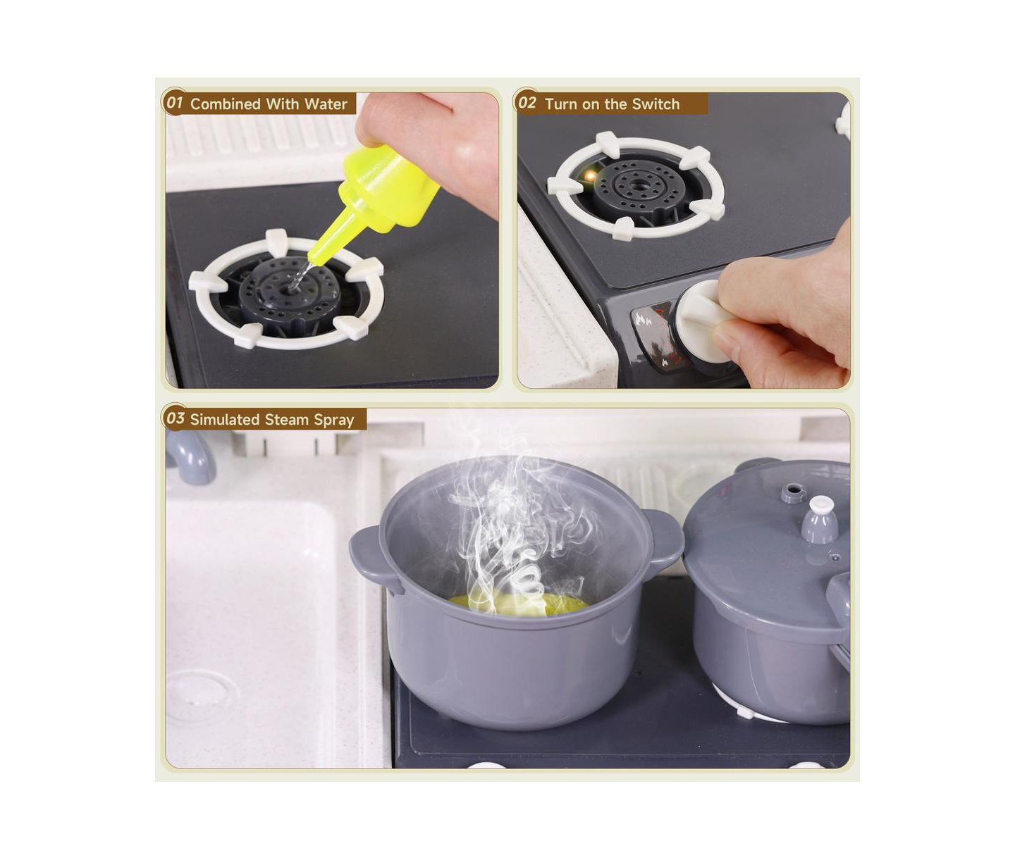 Детский игровой набор Bruce & Shark 52-Piece Kitchen Playset with Realistic Water Spray and Light-Up Sound Stove, цвет: Красный — фото 6