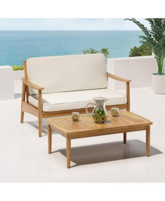Minimalistic Acacia Wood Patio Loveseat and Coffee Table Set with Cushion for Garden Backyard Porch Poolside