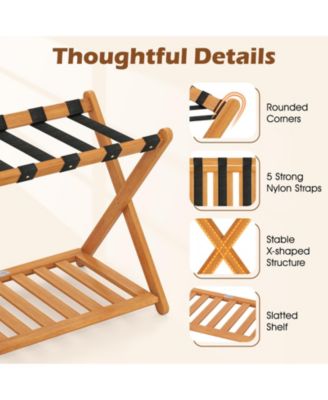 Set of Two Folding Luggage Racks with Straps and Shelf