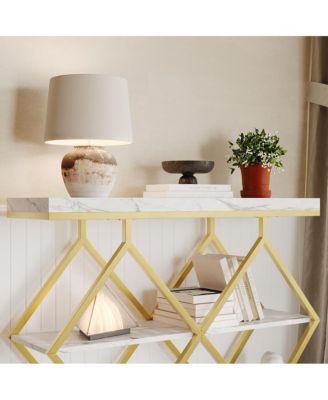 Entryway Table with Diamond Metal Frame, Marble Console with Open Shelf Storage, Adjustable Feet