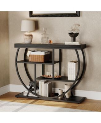 39" Industrial Console Table, 4-Tier Entryway Sofa Table, Metal Geometric Frame, Rustic Wood Top