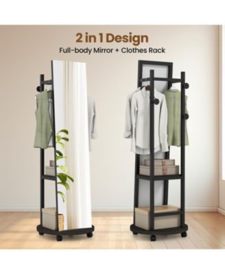 Freestanding Coat Rack with Full Length Mirror and Hooks