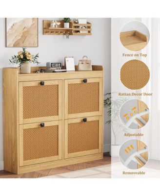 Shoe Cabinet Rattan with 4 Flip Drawers, Wooden Freestanding Shoe Organizer with Adjustable Shelves, Shoe Storage for Entryway, Closet, Hallway