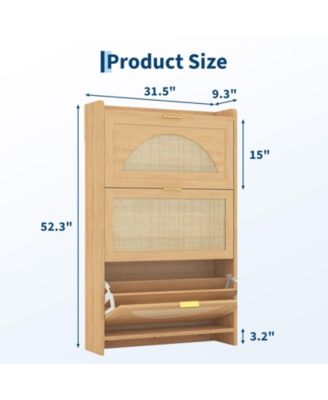 3 Flip-Drawer Shoe Storage Cabinet - Free Standing Narrow Organizer with Rattan Doors for Entryway and Hallway