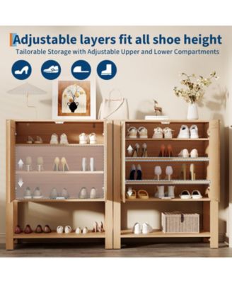 Rattan Shoe Cabinet for Entryway, 5-Tier Farmhouse Organizer Rack Narrow Shoe Storage Cabinet with 2 Doors and Open Shelf for Foyer Hallway