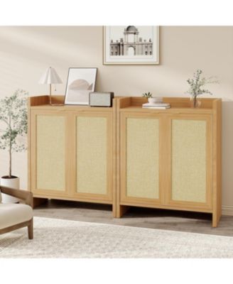 Freestanding Wooden Rattan Shoe Cabinet with Adjustable Shelves and Guardrail Top