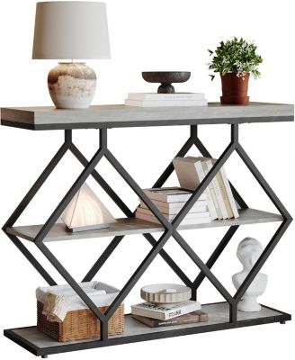 3-Tier Entryway Table, Industrial Console Sofa Table, Open Storage Shelves, Diamond Metal Frame