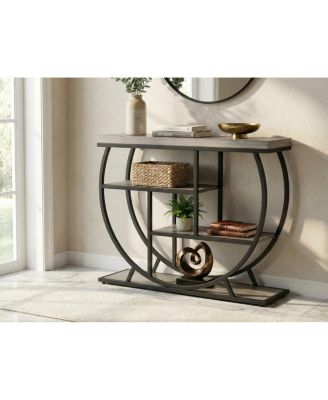 39" Farmhouse Entryway Table with Storage, 4-Tier Wooden Console, Metal Geometric Frame, Space-Saving