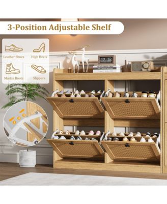 Wooden Rattan Shoe Cabinet with 4 Flip Drawers and Adjustable Shelves