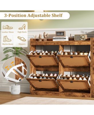 Rattan Wooden Shoe Cabinet with 4 Flip Drawers and Adjustable Shelves