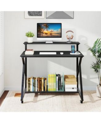 Rolling Computer Desk with Charging Station and Monitor Shelf