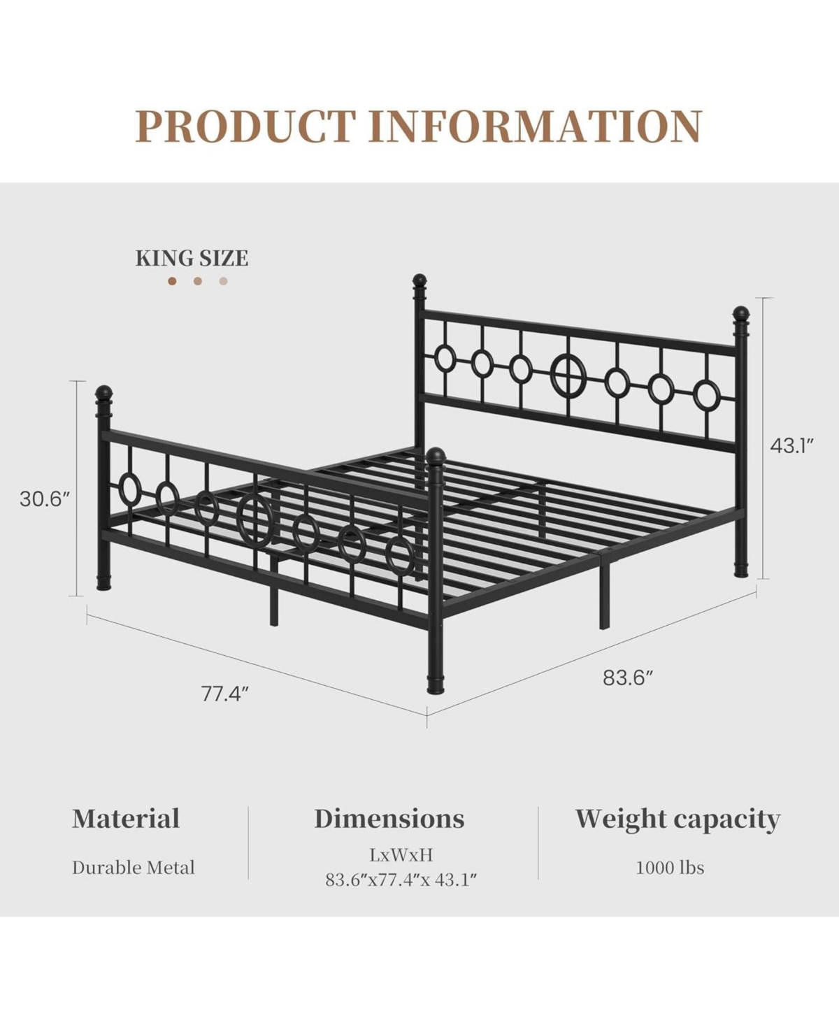 gaomon Metal Bed Frame with Vintage Circular Headboard and Footboard, Heavy-Duty Iron Platform Bed, No Box Spring Needed, Noise-Free Design