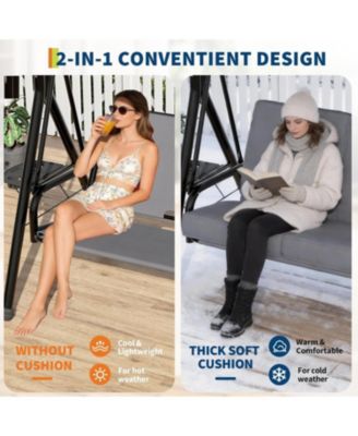 Adjustable 2-in-1 Outdoor Patio Swing Chair with Canopy, 2-Seat Porch Swing, Cup Holders, Thick Removable Cushions