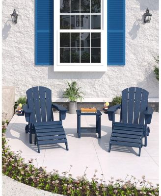 Folding Adirondack Chair Set of 2 with Ottoman, All-Weather Outdoor Chair, Wooden Textured with Cup Holder for patios, Decks, Gardens.