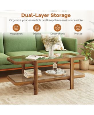 Two Tier Coffee Table with Storage and Glass Top