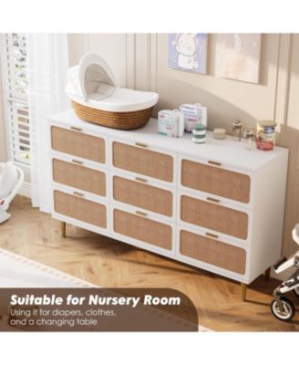 Rattan 9 Drawer Dresser Tall Modern Closet Deep Storage for Bedroom