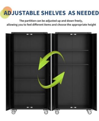 Metal Garage Storage Cabinet with Doors and Wheels, 72" High Lockable Storage with 4 Adjustable Shelves and Pegboard, for Garage Workshop
