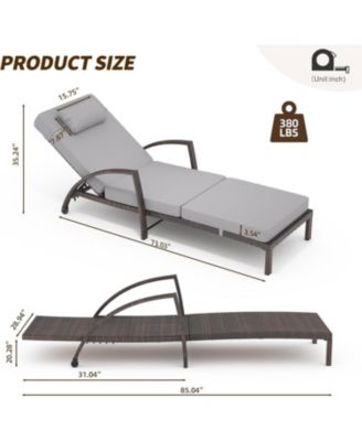 Set of 2 Outdoor Wicker Chaise Lounge Chairs with Cushions, Wheels, 5-Position Adjustable, Patio Poolside or Beach Use