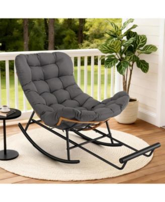 Papasan Rocking Chair with Removable Polyester Cushion, Extendable Footrest, Cozy Rattan Rocker for Porch, Lawn