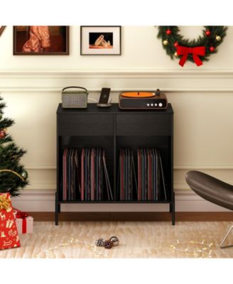 Record Player Stand with Power Outlets Double Wide Turntable Stand Vinyl Record Storage Table