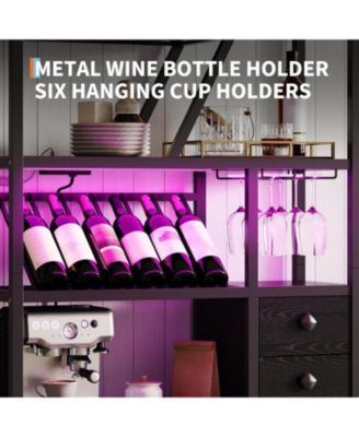 Wine Bar Cabinet with LED Lights and Power Outlets – Tall Coffee Bar Station with Wine Rack, Kitchen Microwave Stand and Bakers Rack – Stylish