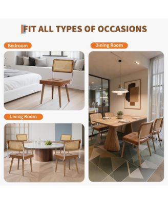 Set of 4 Natural Rattan Dining Chairs with Upholstered Seat and Solid Wood Legs, Modern Boho Kitchen Seating