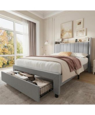 Bed Frame with Storage Headboard and Charging Station, Wooden Platform with Metal Frame & Drawers
