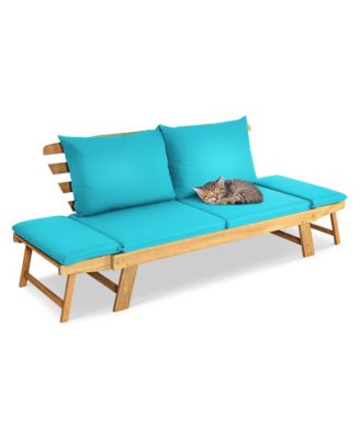 Adjustable Patio Sofa Daybed Acacia Wood Furniture w/  Cushion