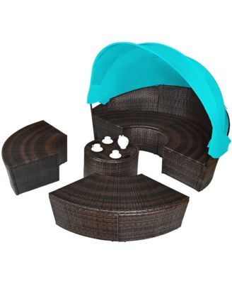 Cushioned Patio Rattan Round Daybed w/ Adjustable Table 3 Pillows