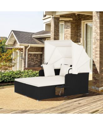 Patio Hand-Woven PE Wicker Daybed Outdoor Loveseat Sofa Set w/  Cushions