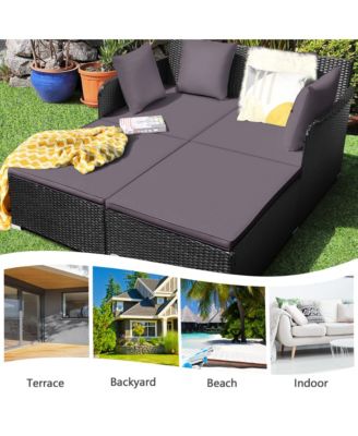 Rattan Patio Daybed Loveseat Sofa Yard Outdoor w/ Cushions Pillows