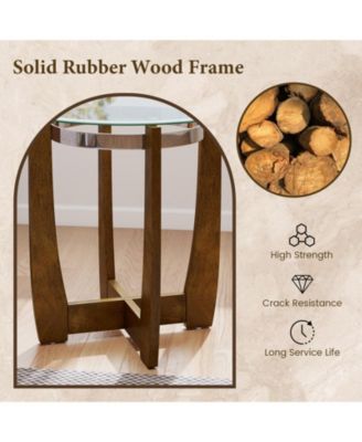 24 Inches Round Side Table with Tempered Glass Top and Solid Rubber Wood Base-Walnut