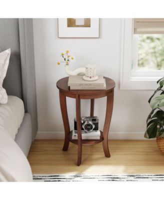 2-tier Round End Table with Solid Wood Legs