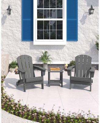 Folding Adirondack Chair Set of 2 with Ottoman, All-Weather HDPE Outdoor Chair, Wooden Textured with Cup Holder for patios, Decks