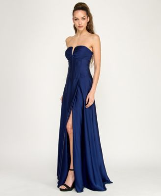 Juniors' Strapless V-Detail Polyester Slit Skirt Gown