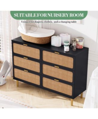 Rattan 6 Drawer Dresser Deep Storage Wide Top for Bedroom and Kids Room