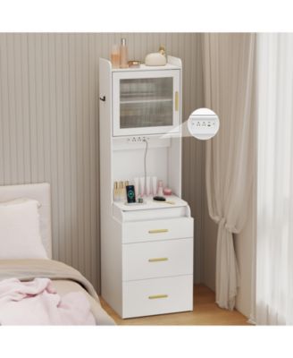 Makeup Vanity with Power Outlets and Flip-top Mirror and Storage Stool