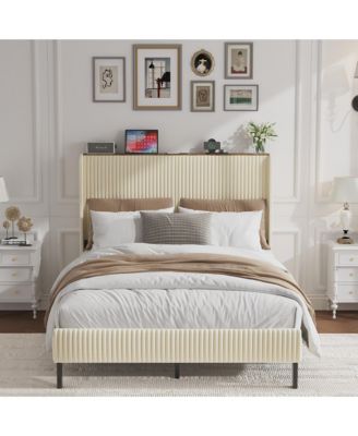 Metal Platform Bed Beige Charging Station 2 USB Ports Noise Free No Box Spring Needed