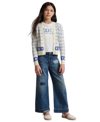 Girls' 7-16 Windowpane V-Neck Cardigan