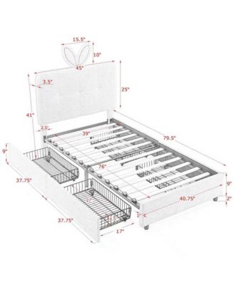 Boucle Twin Size Kids Bed Frame, Upholstered Platform Bed with 4 Storage Drawers, LED Lights and Cute Rabbit Ear Headboard for Boys Girls