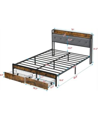 King Size Metal Bed Frame with Storage Drawers, Charging Station, LED Lights and Upholstered Headboard, Sturdy Platform Bed for Bedroom